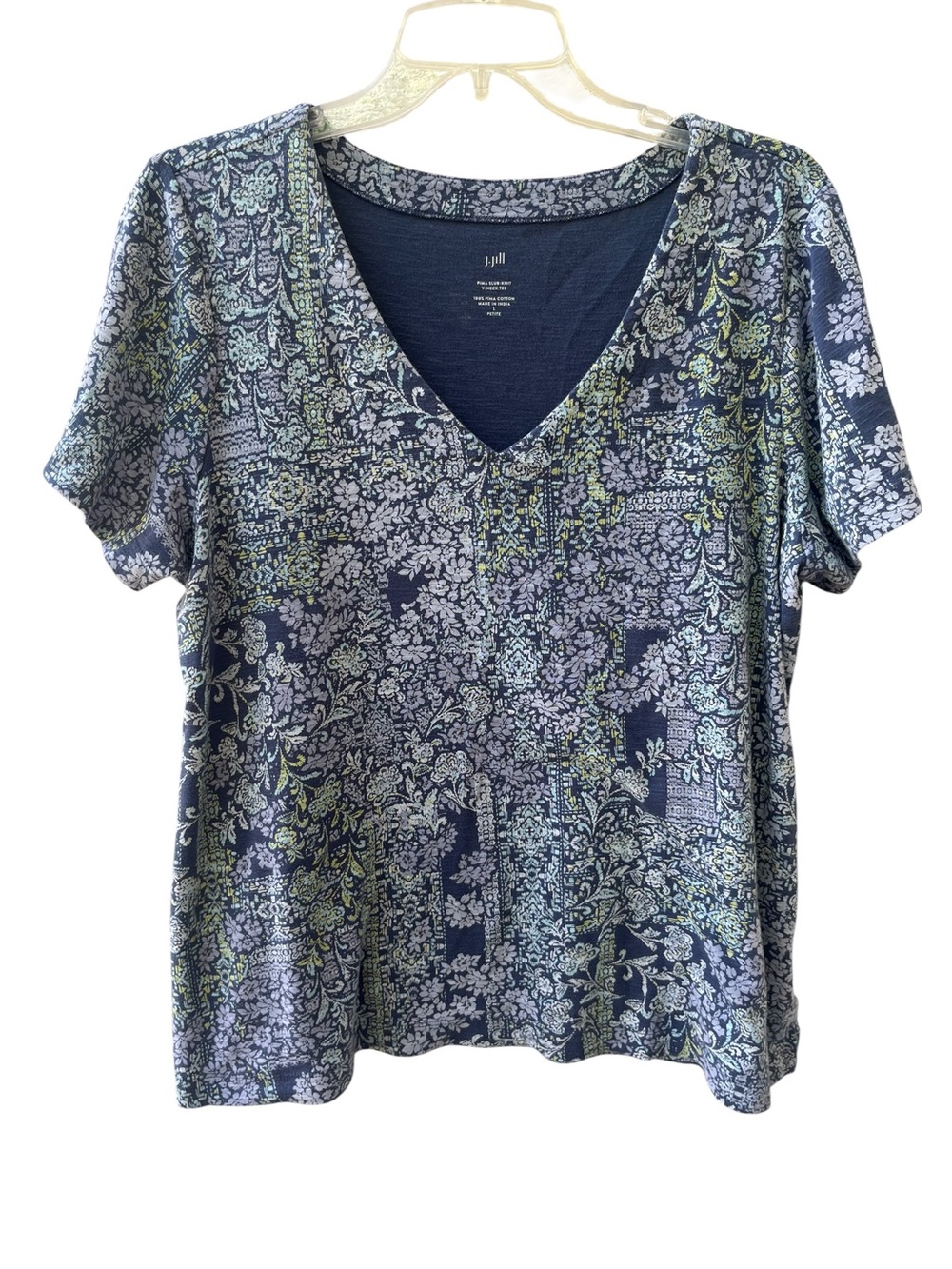 J. Jill Women’s Large Petite Pima Slub Knit V-Neck Tee Blue Floral Pima Cotton